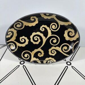Oval Serving Platter Metal with Black Cream Enamel Swirl Design Made in India